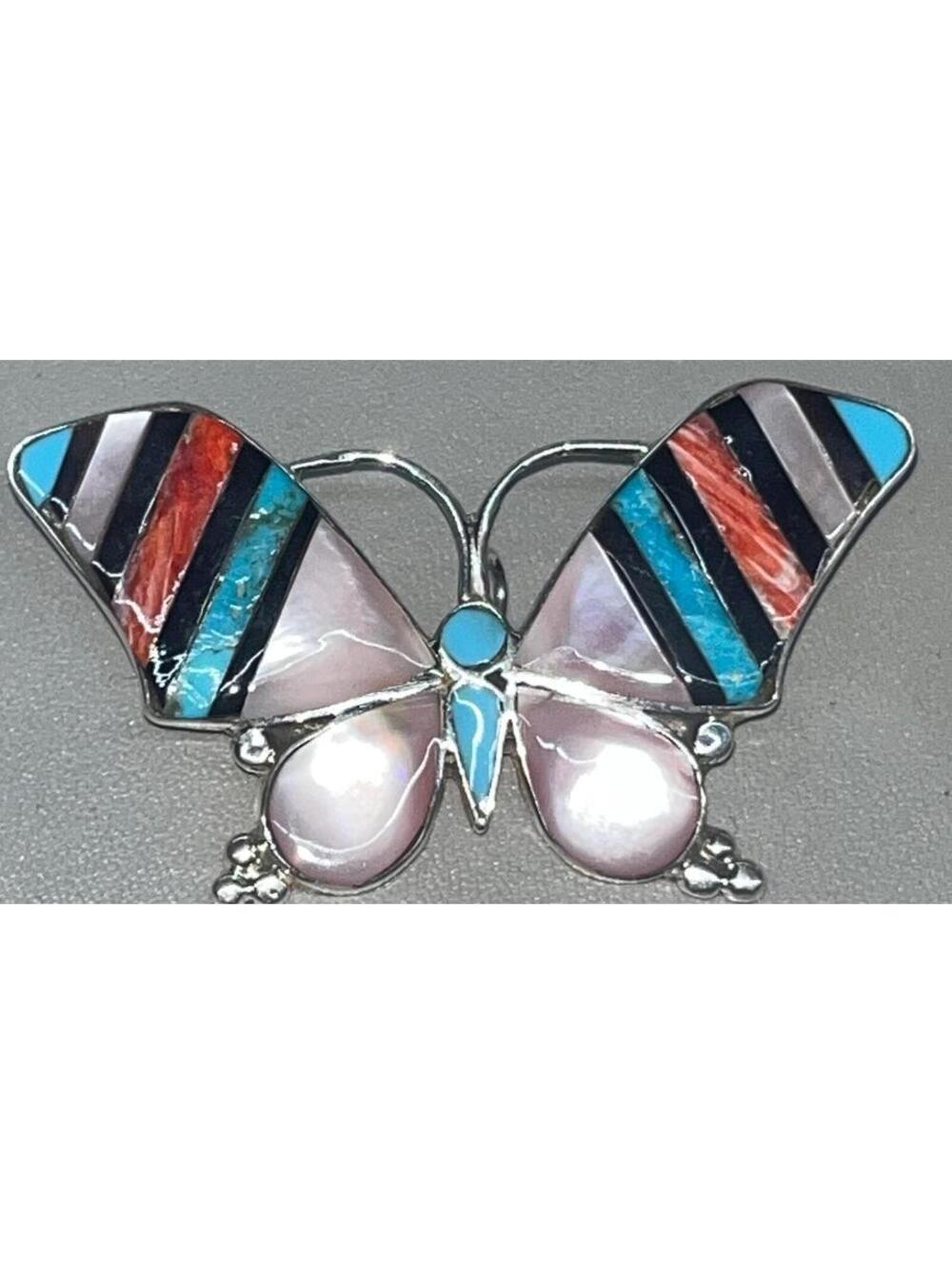 Zuni sterling silver turquoise, mother of pearl onyx inlay cluster butterfly